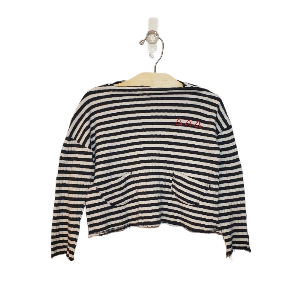 Zara Baby Girl 3-4 Y Striped Embroidered Pocket Cropped Ribbed Long Sleeve Top